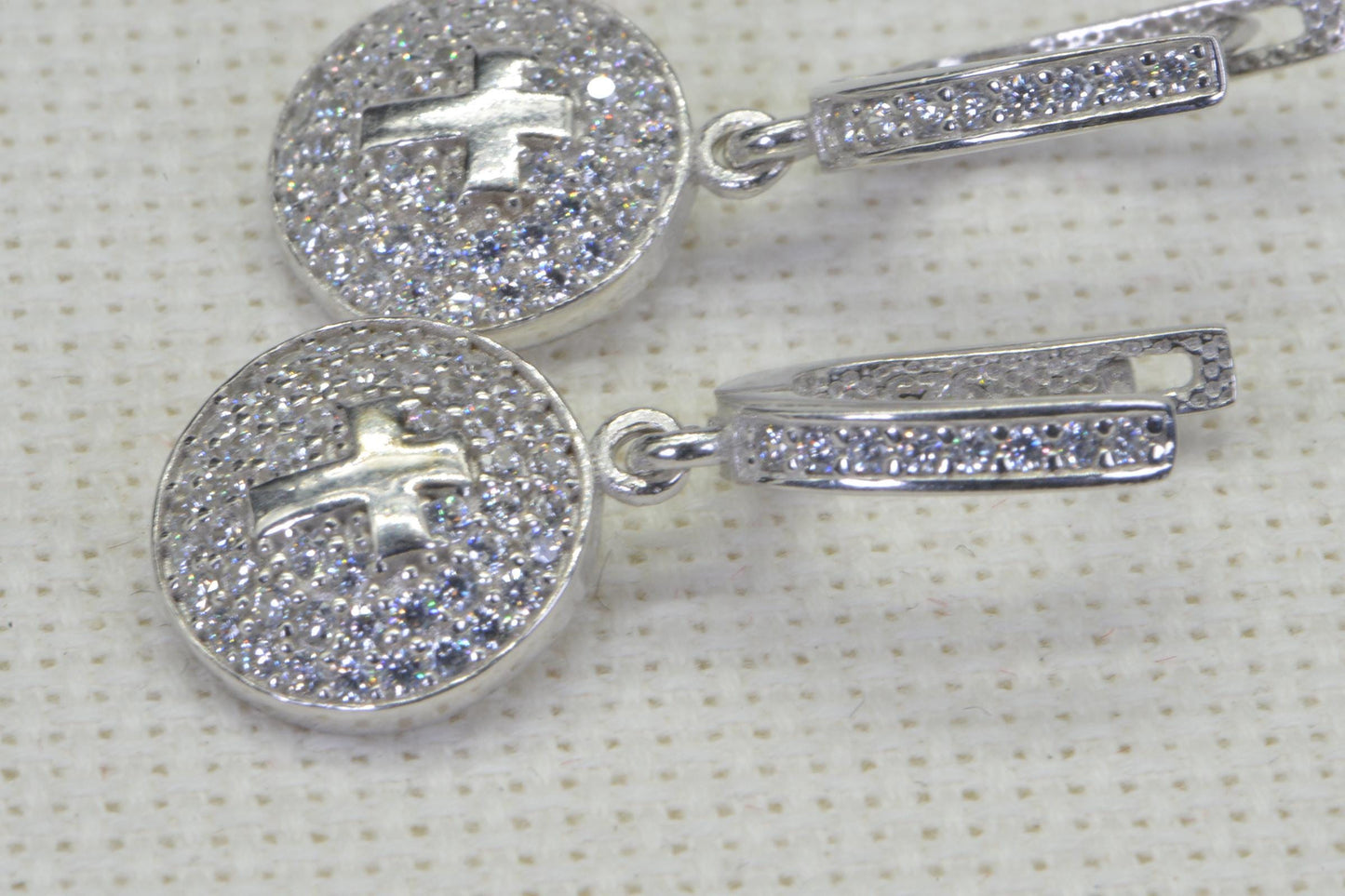 Simulated Diamond Cross Earrings: 14K White Gold over Sterling Silver
