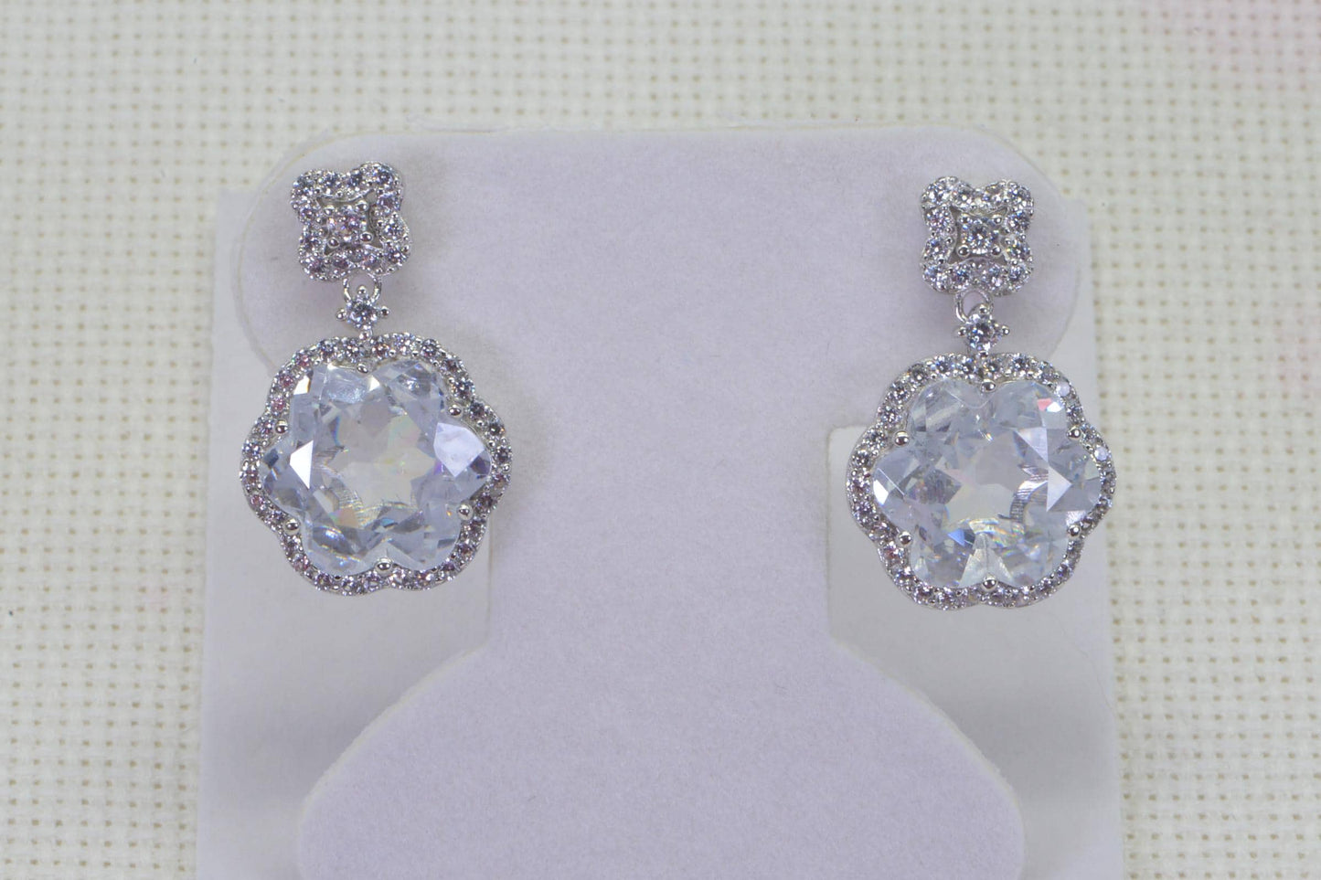 White Quartz Halo Earrings: Sterling Silver CZ Flower Studs