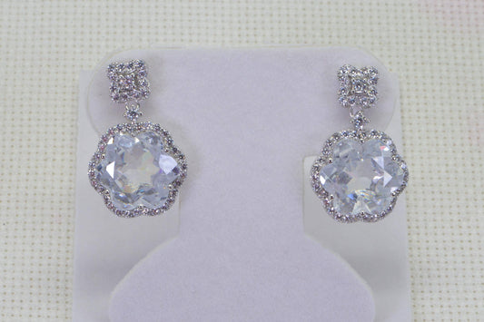White Quartz Halo Earrings: Sterling Silver CZ Flower Studs