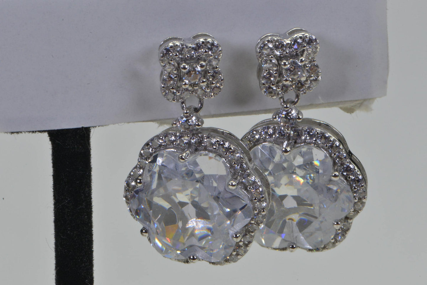 White Quartz Halo Earrings: Sterling Silver CZ Flower Studs