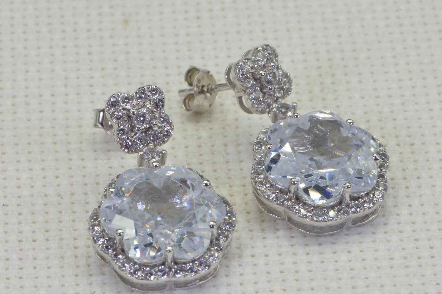 White Quartz Halo Earrings: Sterling Silver CZ Flower Studs