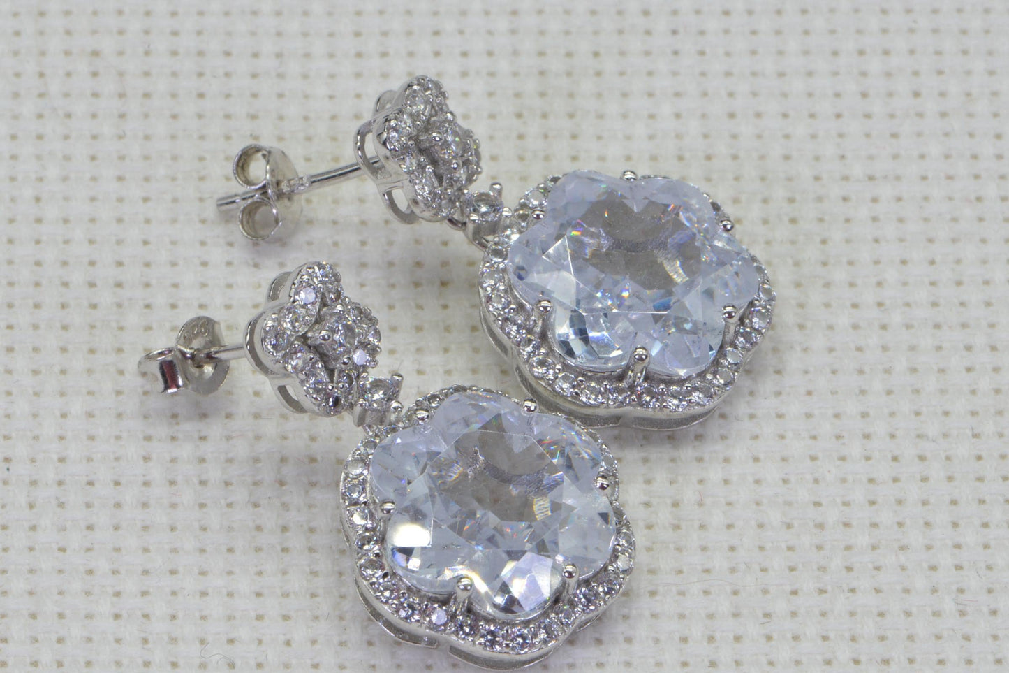 White Quartz Halo Earrings: Sterling Silver CZ Flower Studs