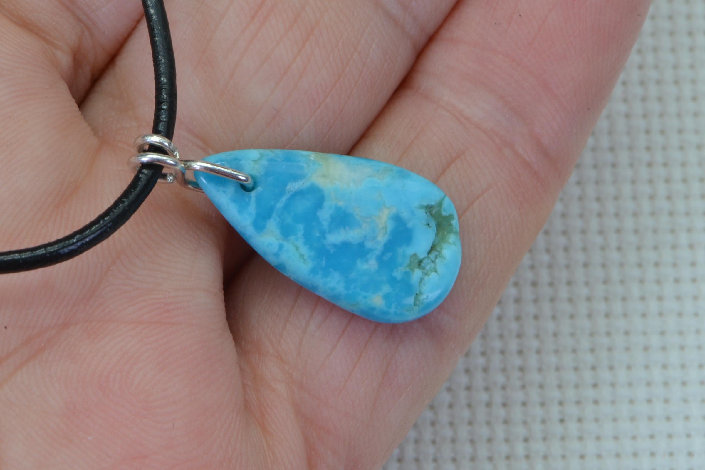 Sleeping Beauty Turquoise Pendant: Wire Wrapped Gemstone, Leather Cord