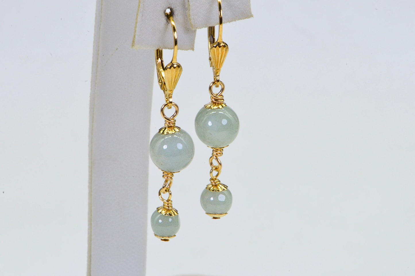 Burma Jade Ice Green Wire Wrapped 14K Gold Filled Dangle  Earrings