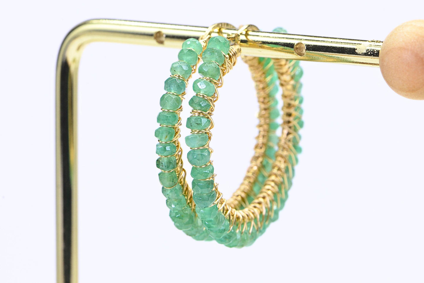 Emerald Hoop Earrings: 14K Gold Filled Wire Wrapped Gemstone