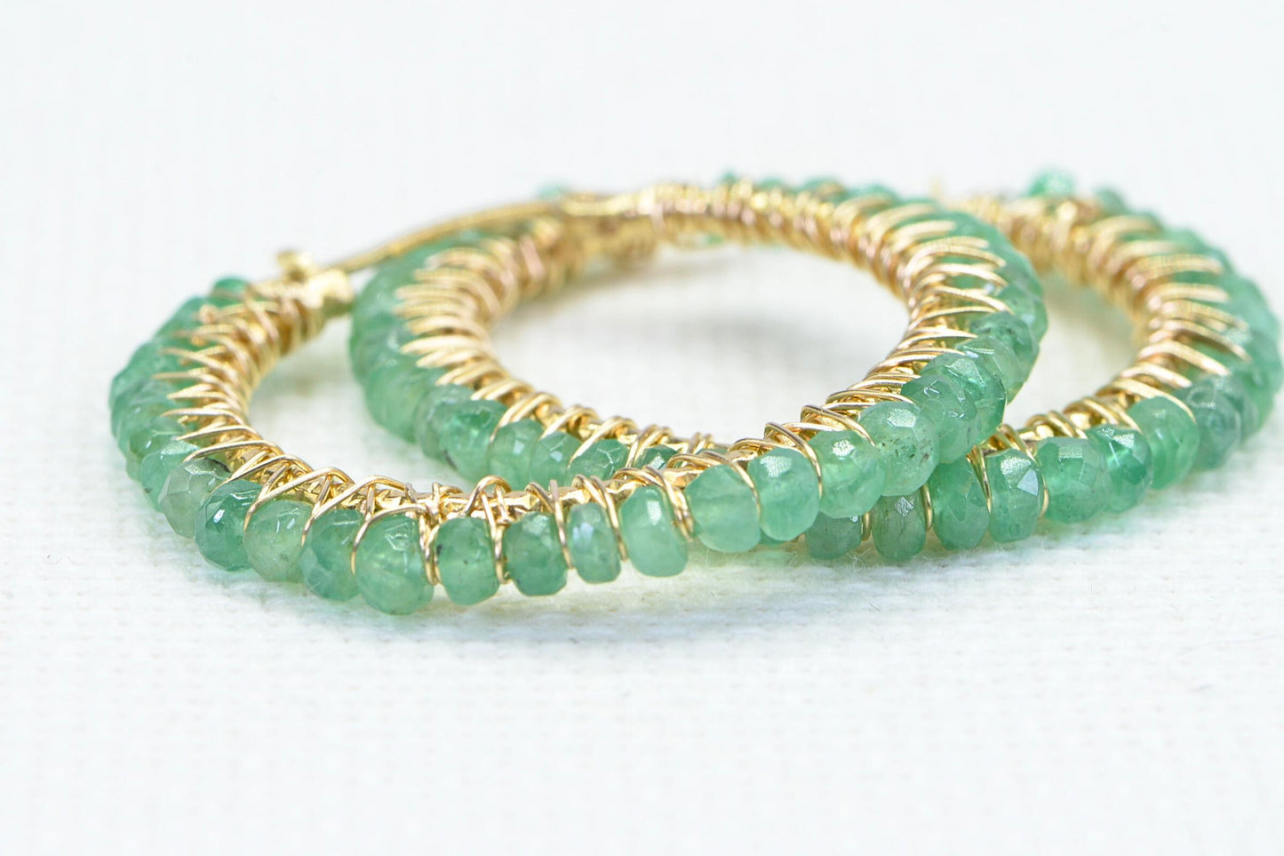 Emerald Hoop Earrings: 14K Gold Filled Wire Wrapped Gemstone