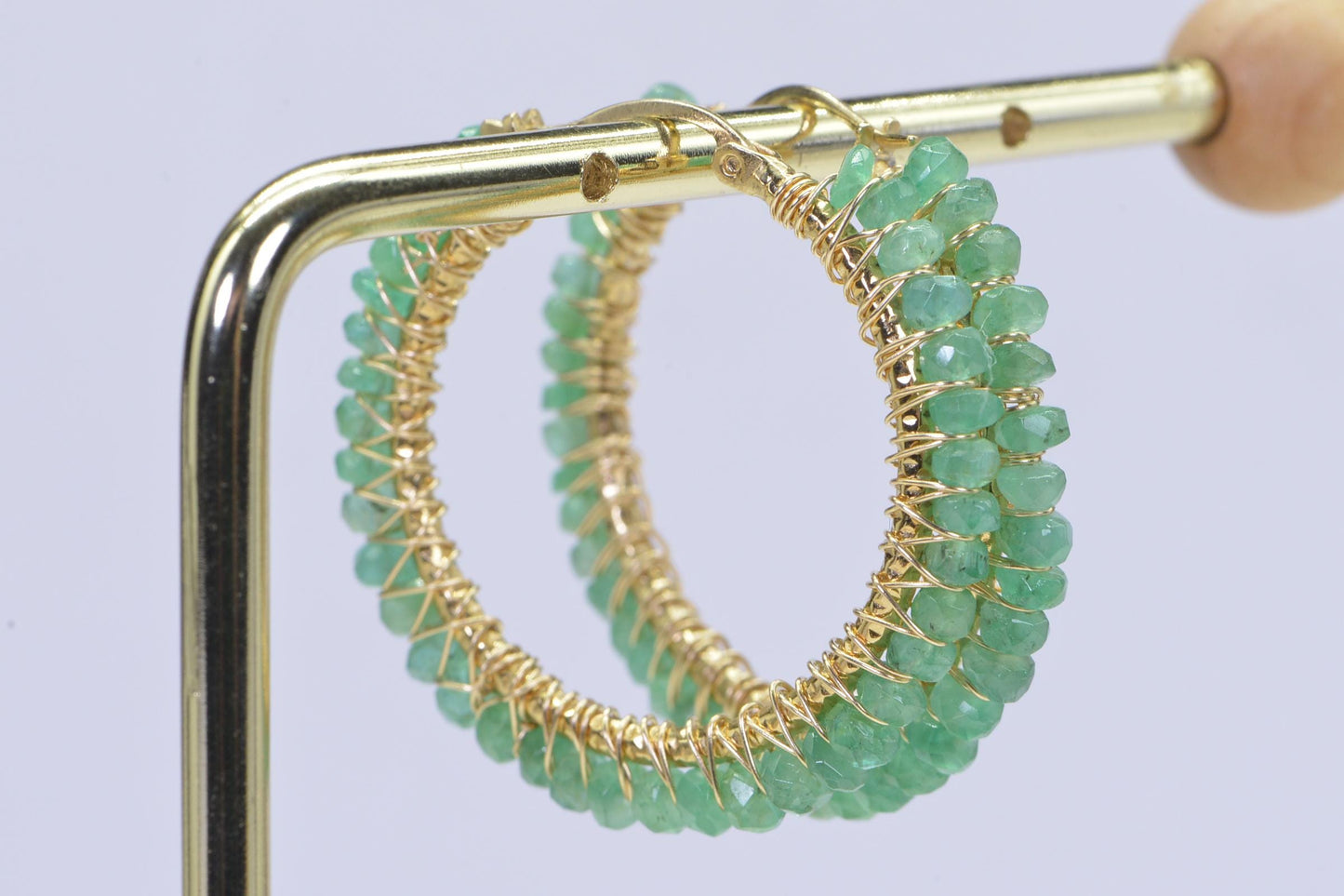 Emerald Hoop Earrings: 14K Gold Filled Wire Wrapped Gemstone