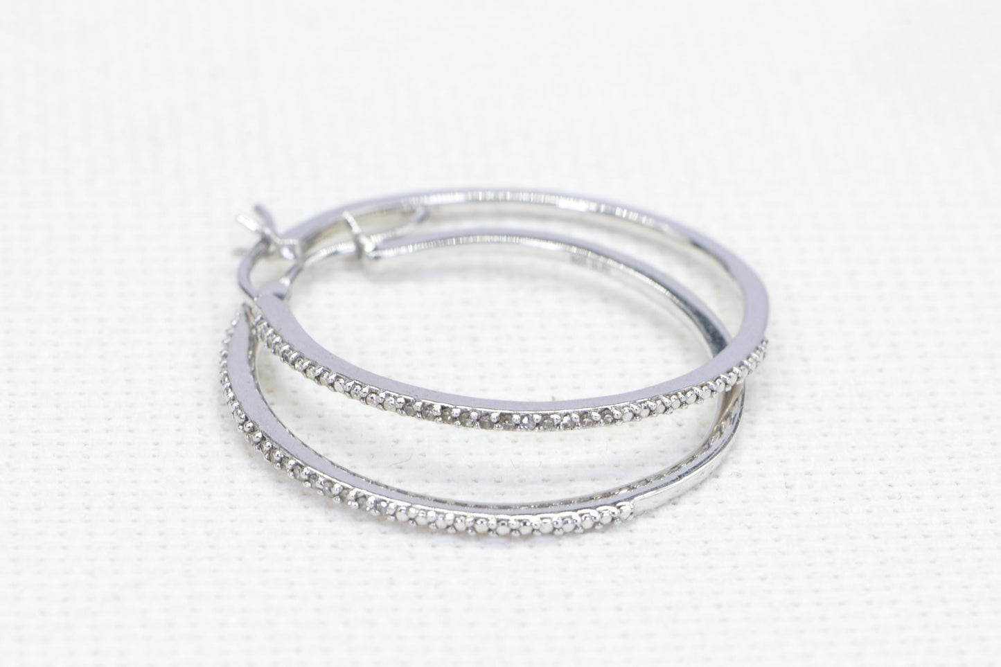 Vintage White Diamond Hoop Earrings: 14K White Gold Over Sterling Silver