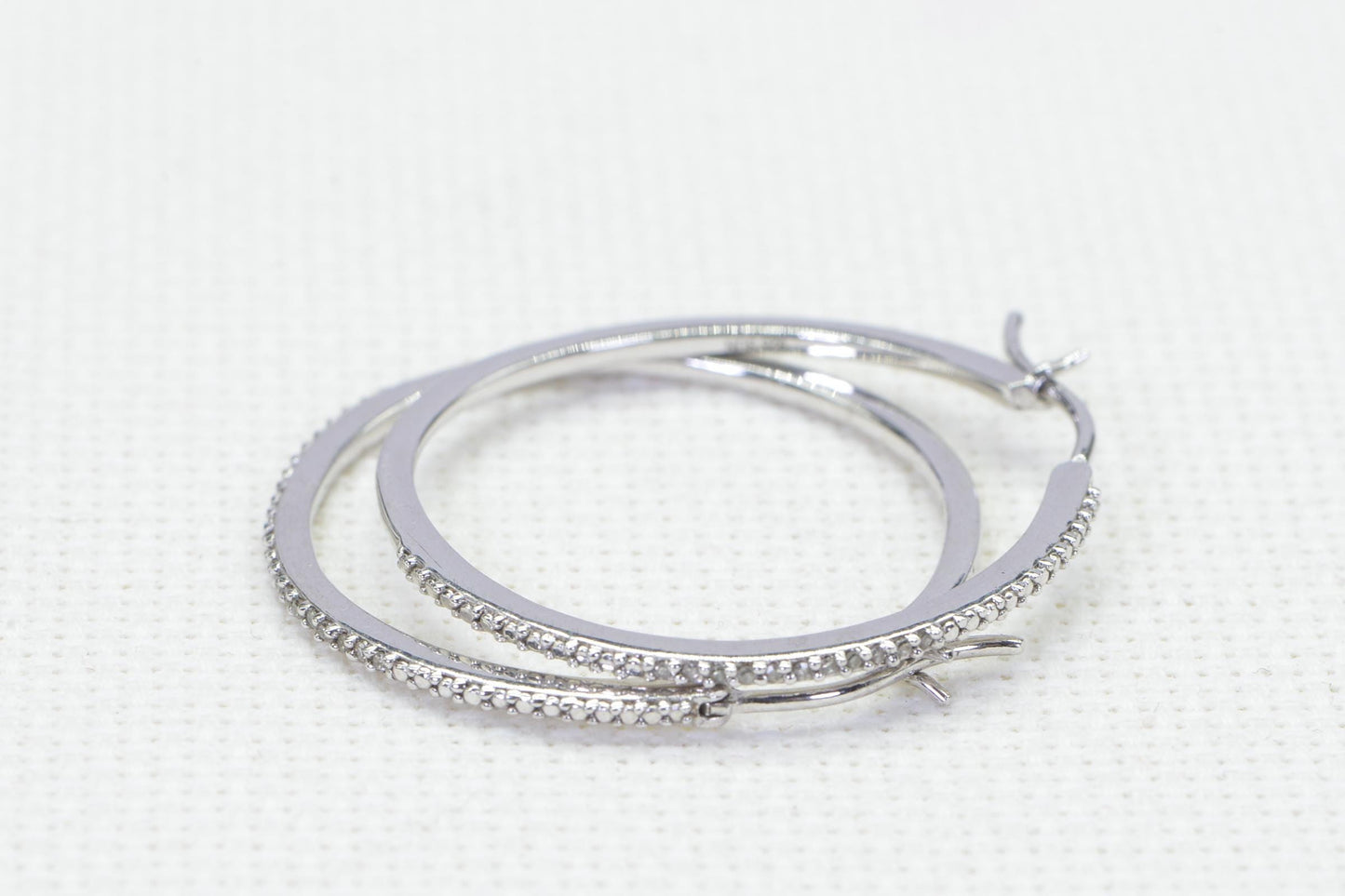 Vintage White Diamond Hoop Earrings: 14K White Gold Over Sterling Silver