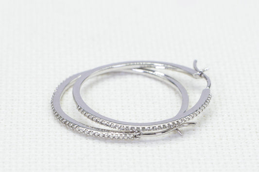 Vintage White Diamond Hoop Earrings: 14K White Gold Over Sterling Silver