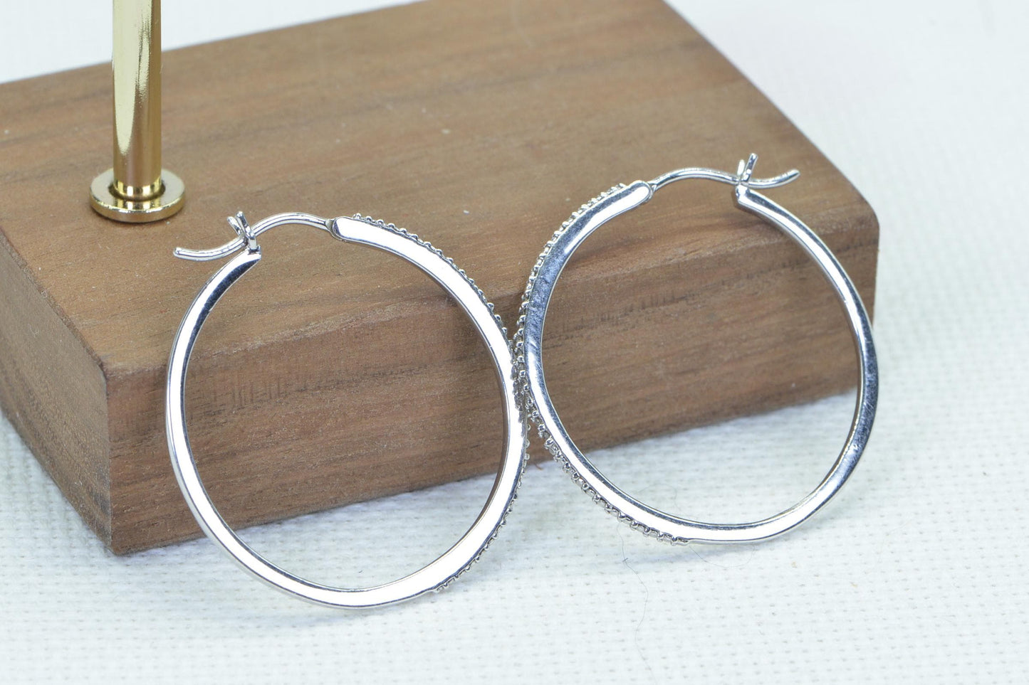 Vintage White Diamond Hoop Earrings: 14K White Gold Over Sterling Silver