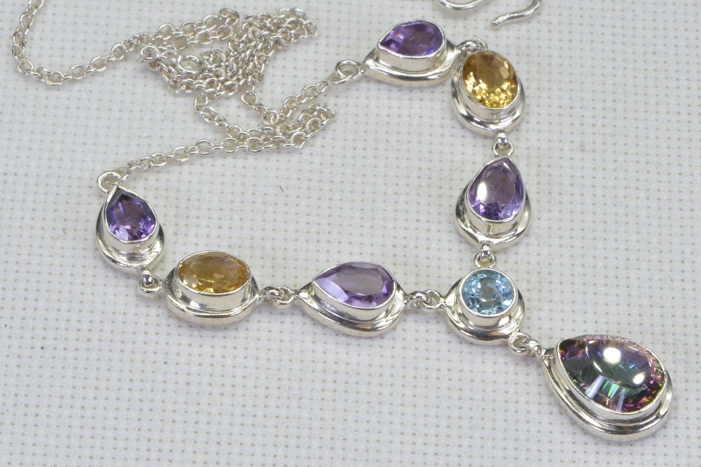 Mystic Topaz Gemstone Necklace Multi stone bezel setting sterling silver chain birthstone necklace