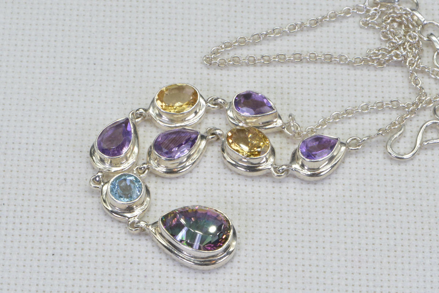 Mystic Topaz Gemstone Necklace Multi stone bezel setting sterling silver chain birthstone necklace