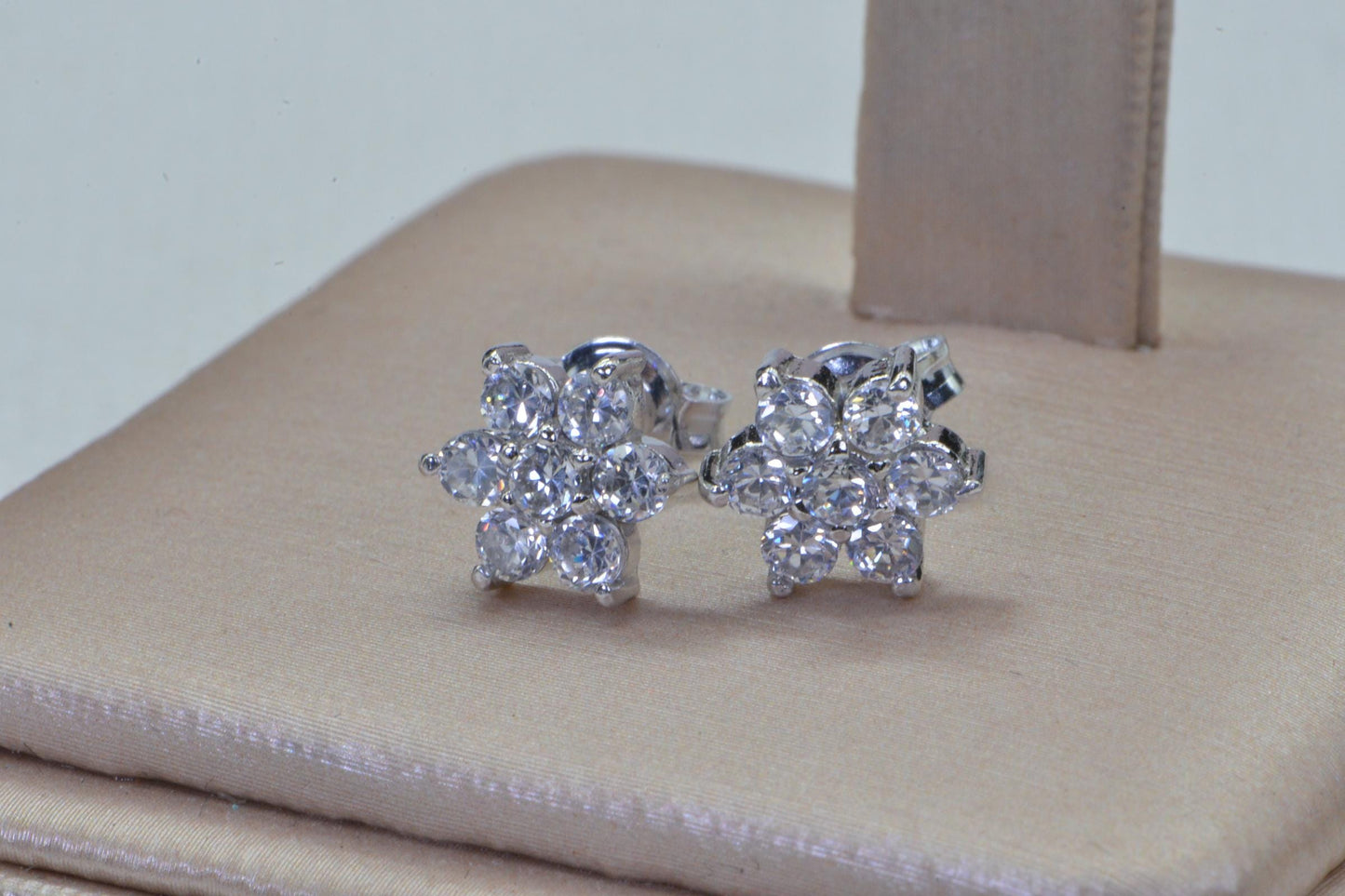 Simulated Diamond Flower Stud Earrings Prong Set Sterling Silver Birthstone April