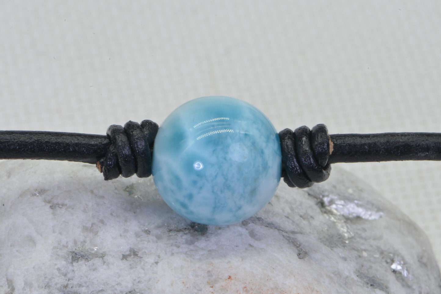 14mm Larimar Bead Bracelet: Single Round Blue Gemstone, Leather Necklace