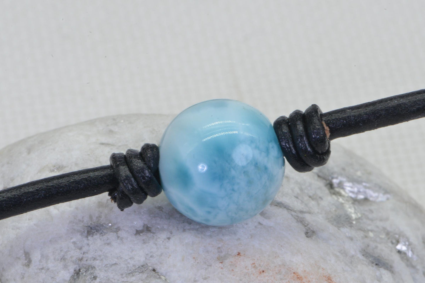 14mm Larimar Bead Bracelet: Single Round Blue Gemstone, Leather Necklace