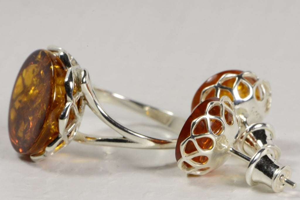 Baltic Amber Sterling Silver Jewelry Set: Ring and Earrings