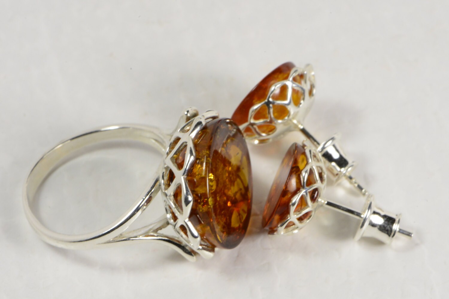 Baltic Amber Sterling Silver Jewelry Set: Ring and Earrings