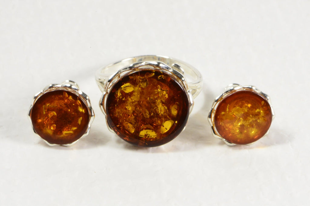 Baltic Amber Sterling Silver Jewelry Set: Ring and Earrings