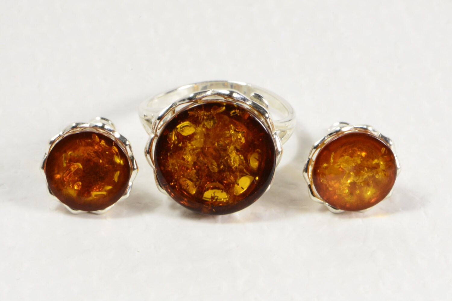 Baltic Amber Sterling Silver Jewelry Set: Ring and Earrings