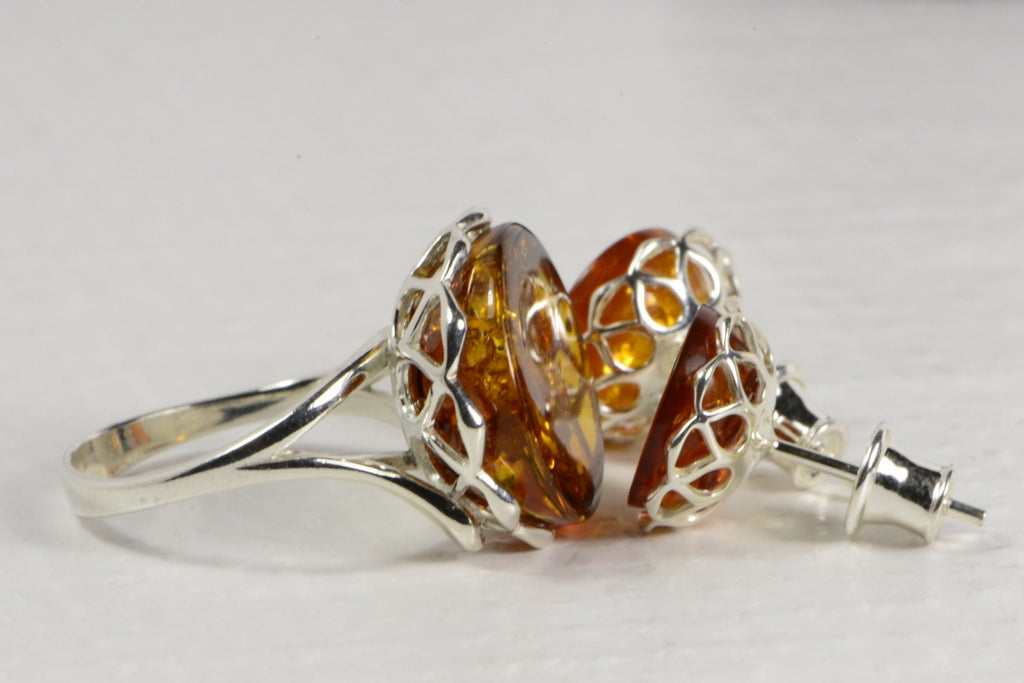 Baltic Amber Sterling Silver Jewelry Set: Ring and Earrings
