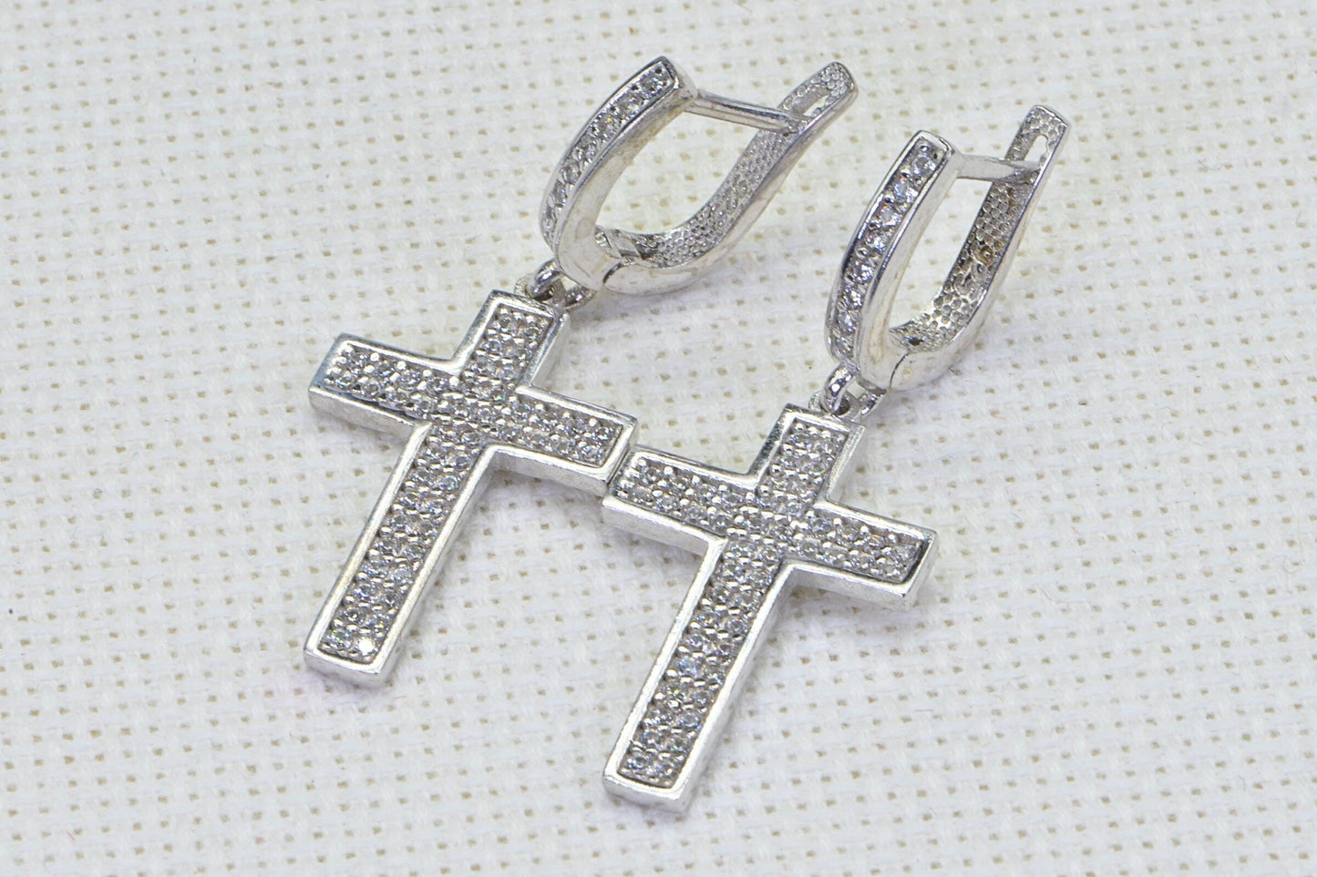 Diamond  Cross Earrings Dangle Latch Back 14K White Gold over Sterling Silver Earrings