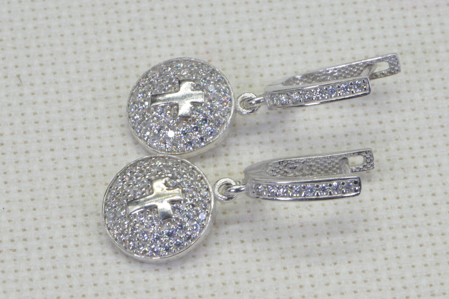 Simulated Diamond Cross Earrings: 14K White Gold over Sterling Silver