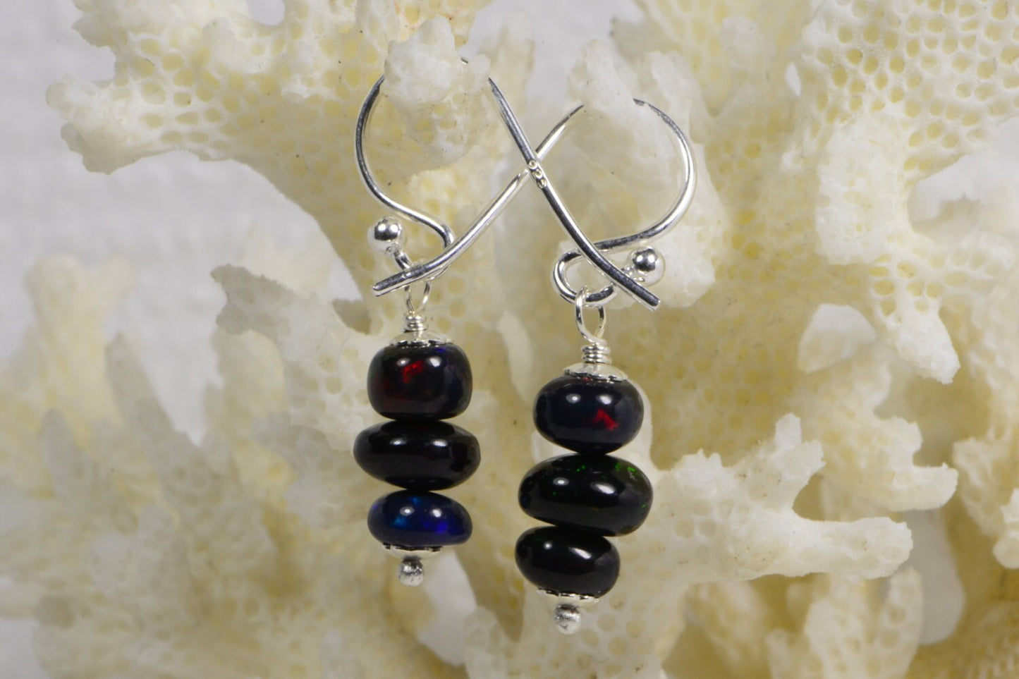 Black Opal Dangle Earrings, Sterling Silver, Gemstone Jewelry