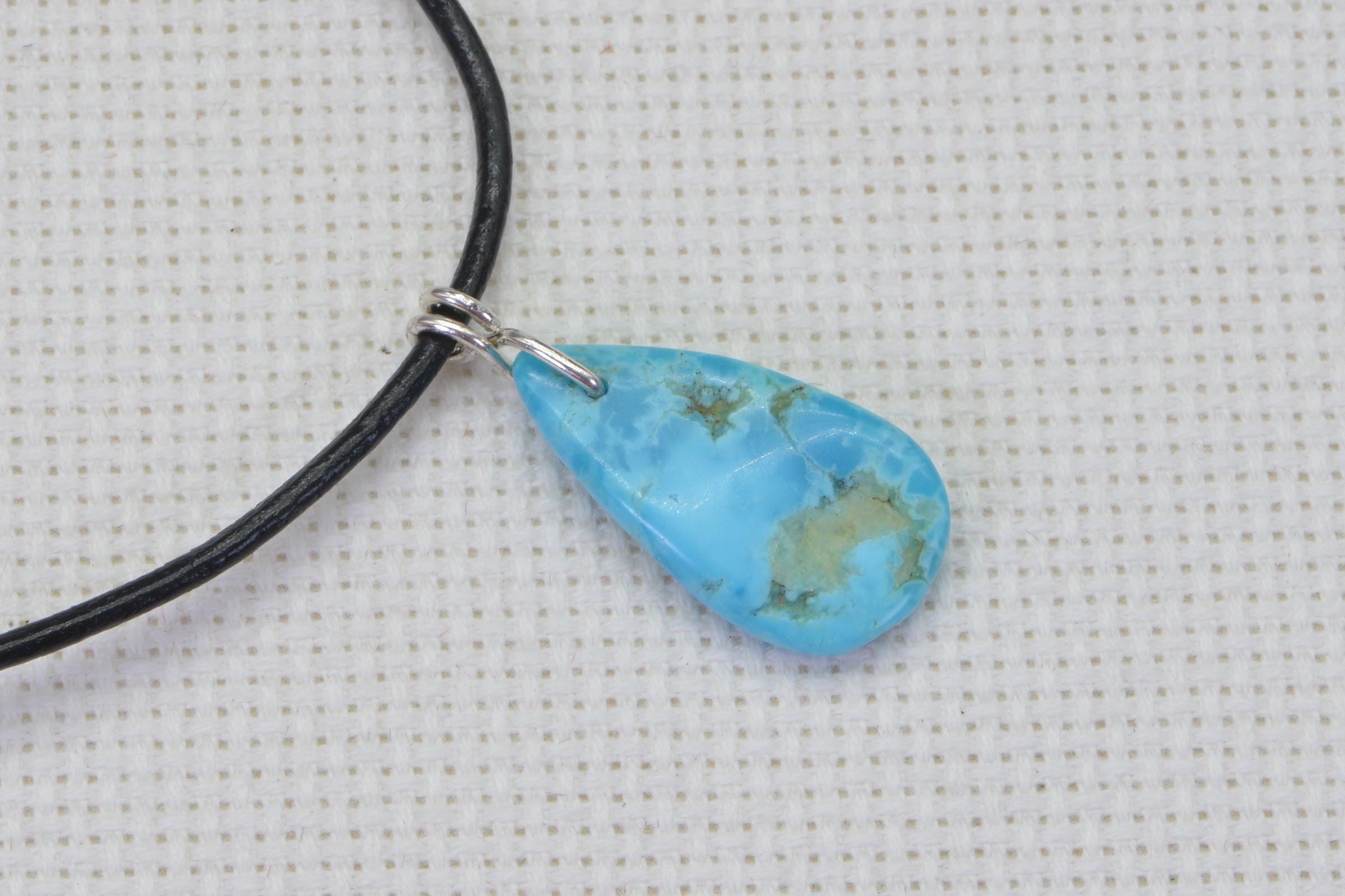 Sleeping Beauty Turquoise Pendant: Wire Wrapped Gemstone, Leather Cord