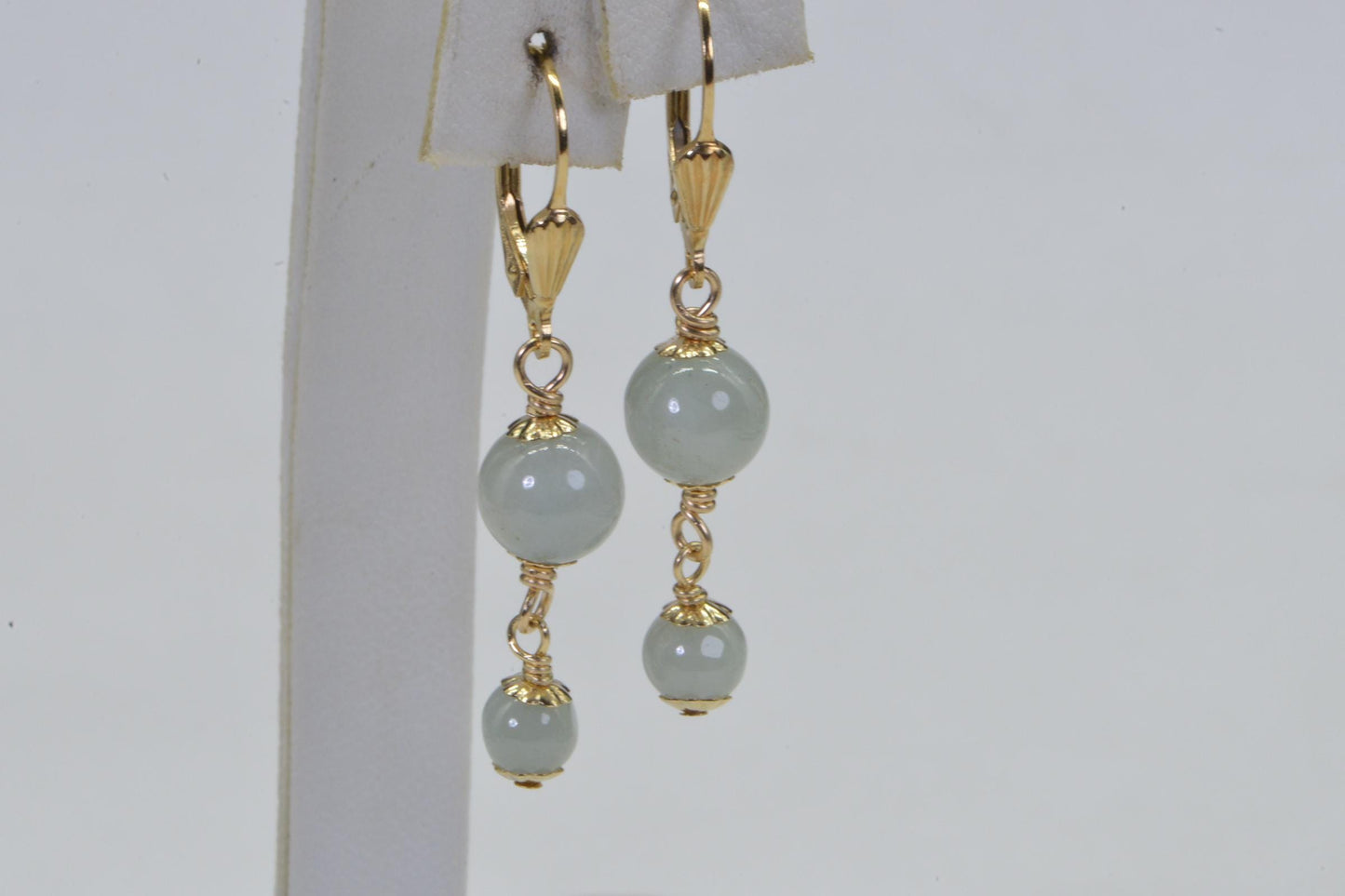 Burma Jade Ice Green Wire Wrapped 14K Gold Filled Dangle  Earrings