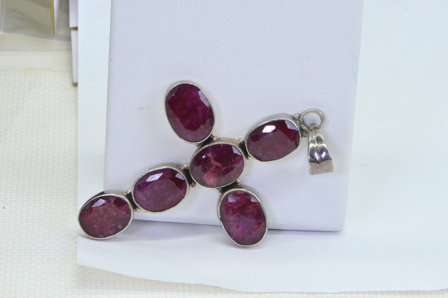 Natural Ruby Cross Pendant Sterling Silver Necklace Birthstone July Gemstone Vintage Jewelry