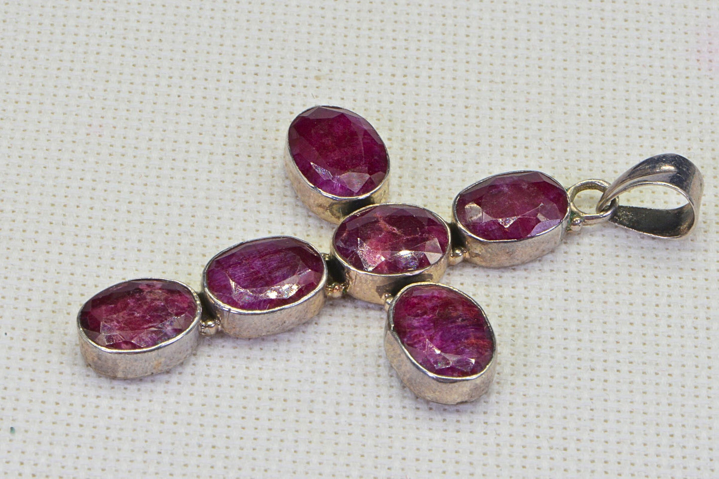 Natural Ruby Cross Pendant Sterling Silver Necklace Birthstone July Gemstone Vintage Jewelry