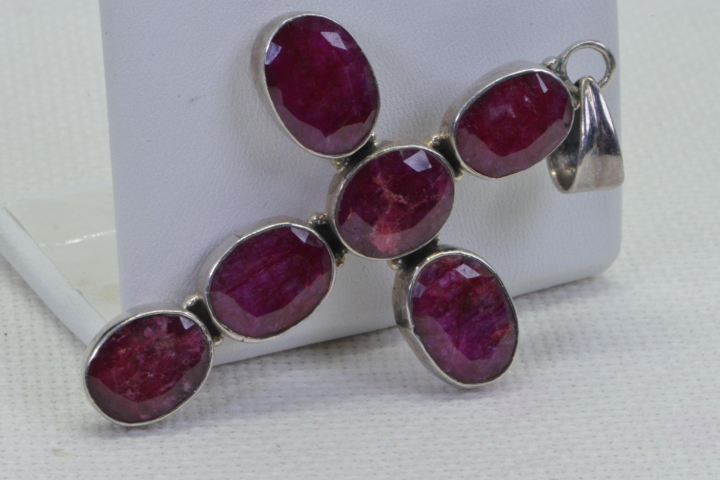 Natural Ruby Cross Pendant Sterling Silver Necklace Birthstone July Gemstone Vintage Jewelry