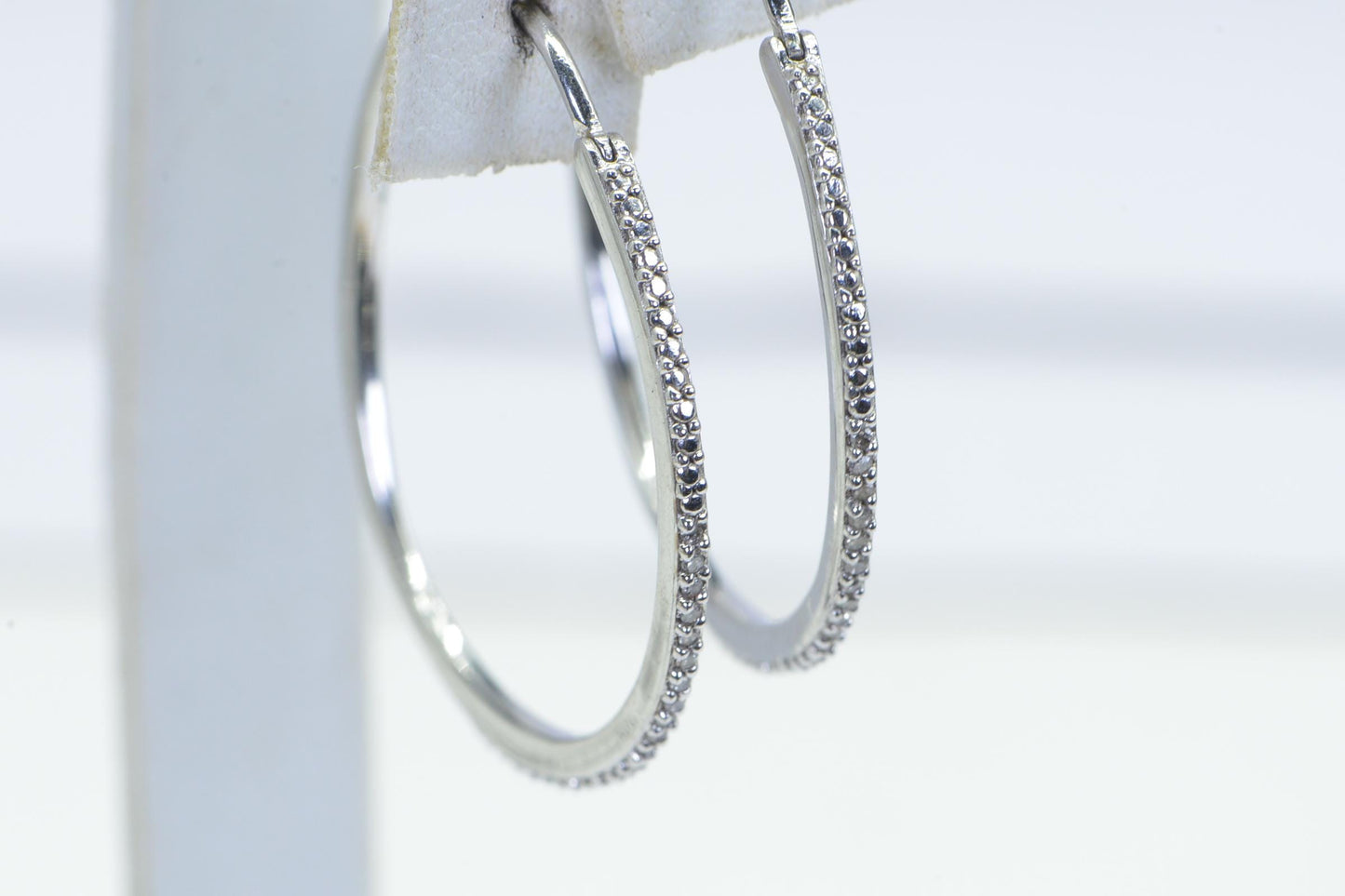 Vintage White Diamond Hoop Earrings: 14K White Gold Over Sterling Silver