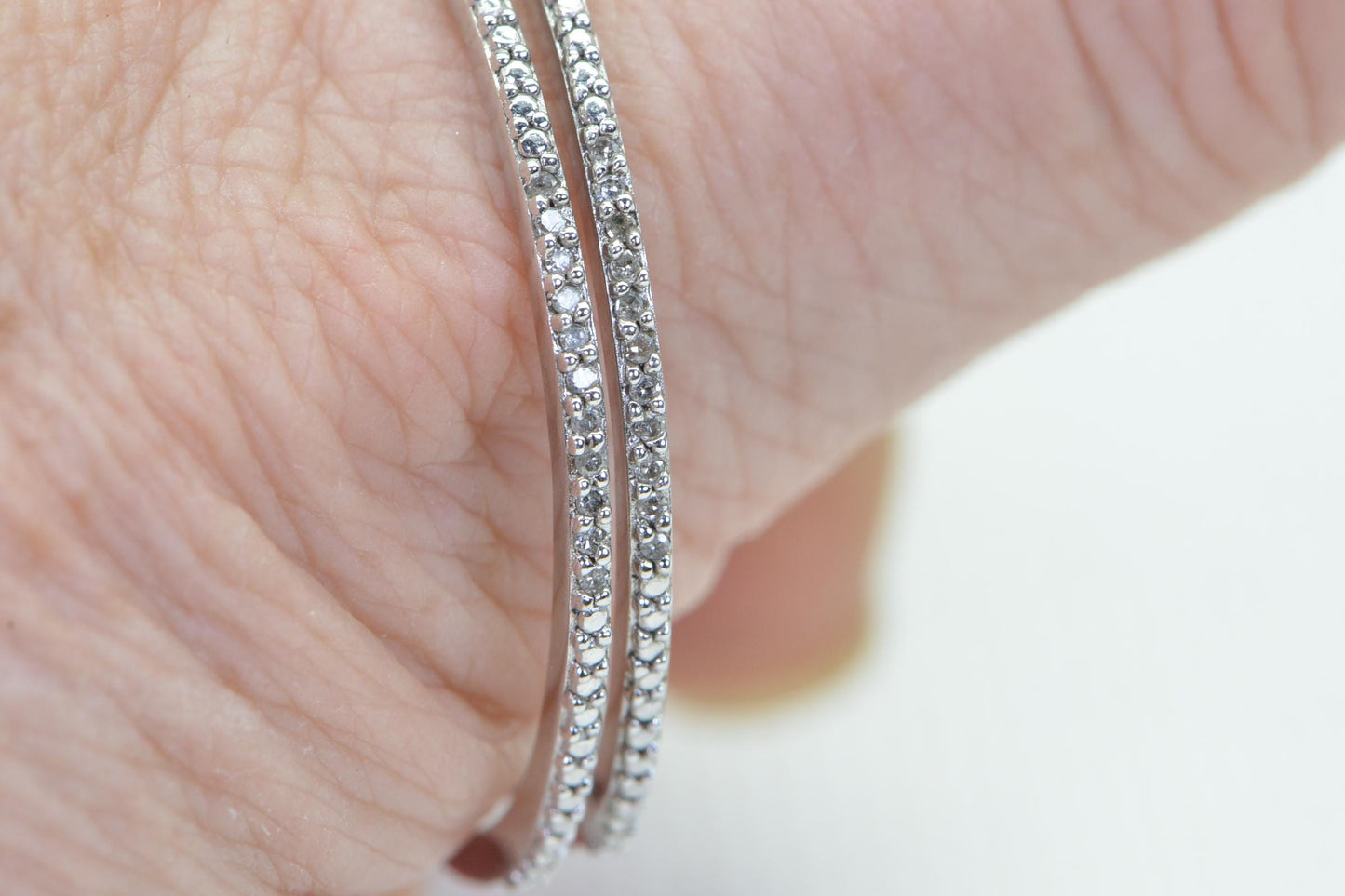 Vintage White Diamond Hoop Earrings: 14K White Gold Over Sterling Silver