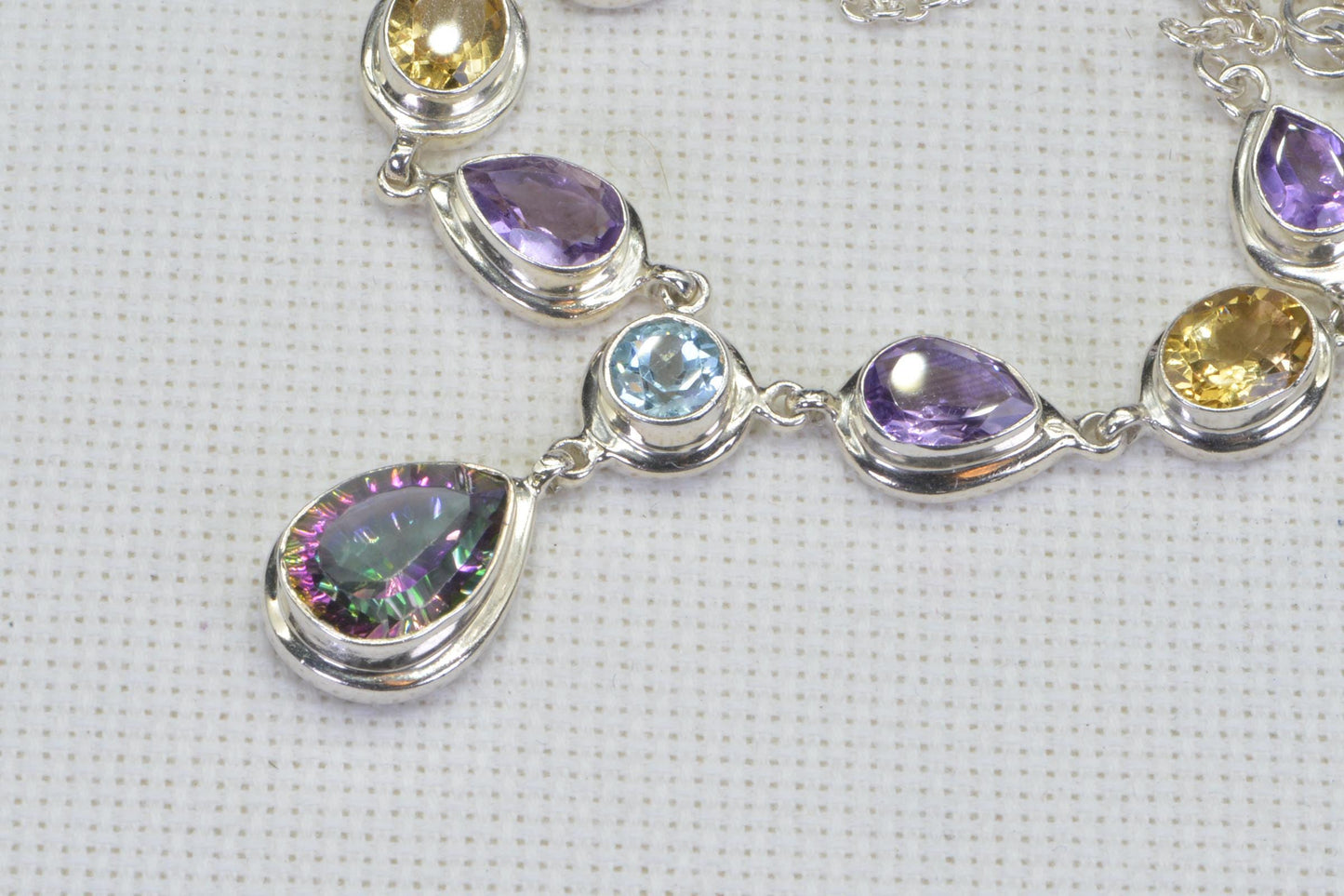 Mystic Topaz Gemstone Necklace Multi stone bezel setting sterling silver chain birthstone necklace