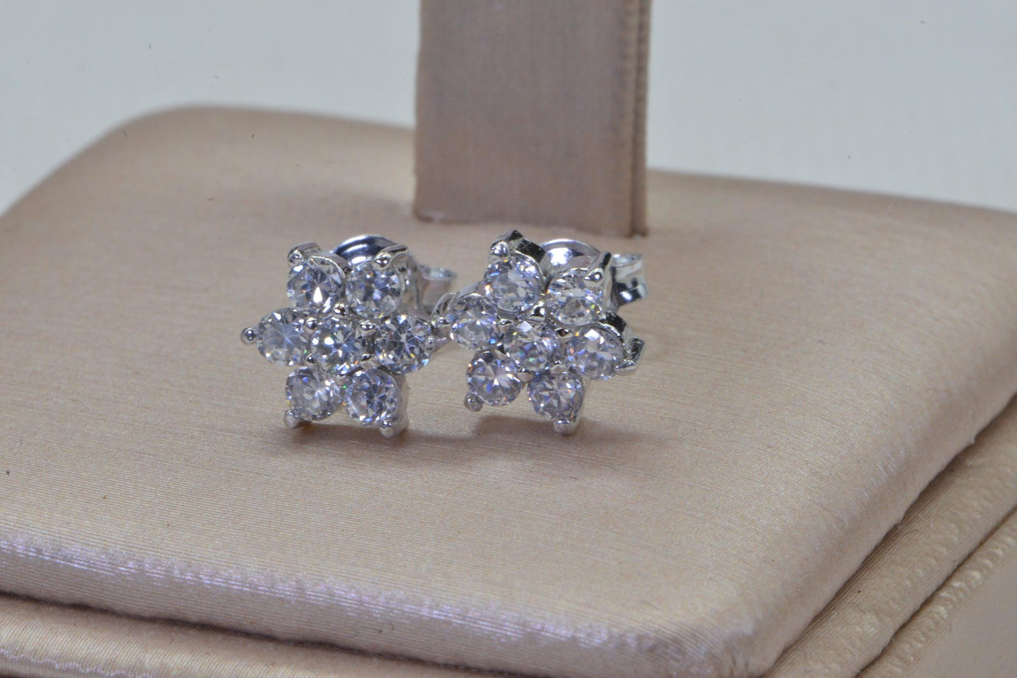 Simulated Diamond Flower Stud Earrings Prong Set Sterling Silver Birthstone April