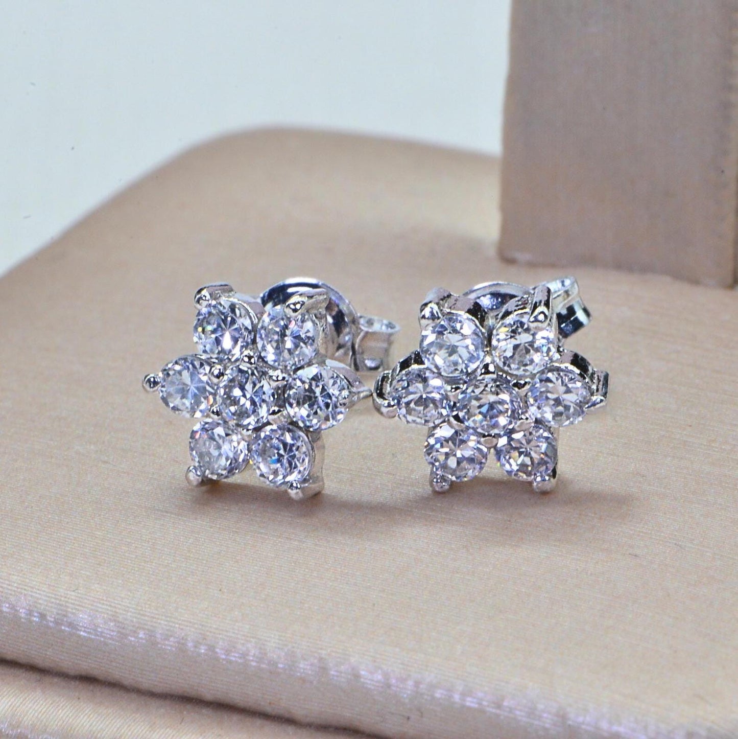 Simulated Diamond Flower Stud Earrings Prong Set Sterling Silver Birthstone April