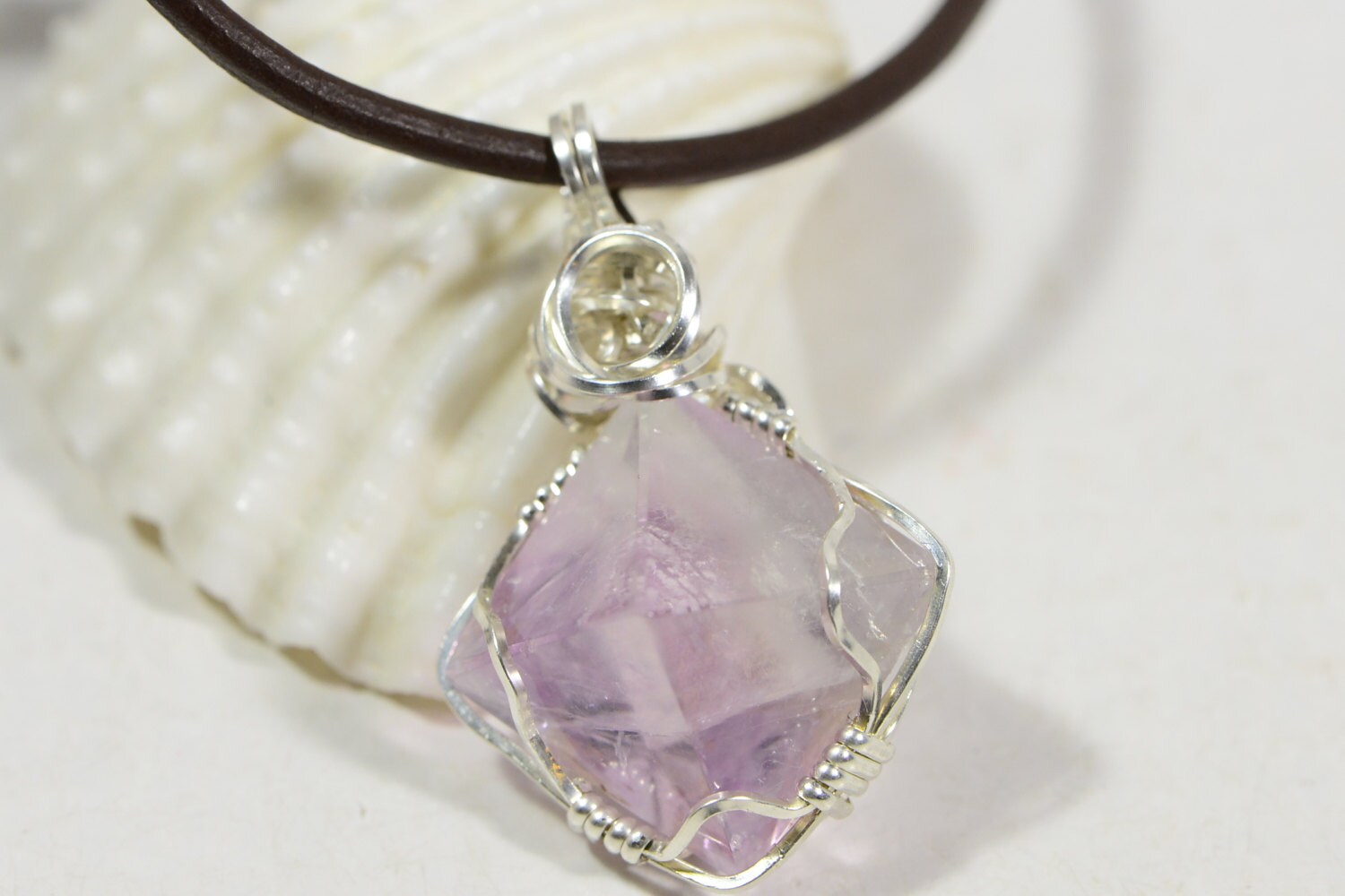 Natural Fluorite Necklace Gemstone Pendant Leather Crystal Necklace