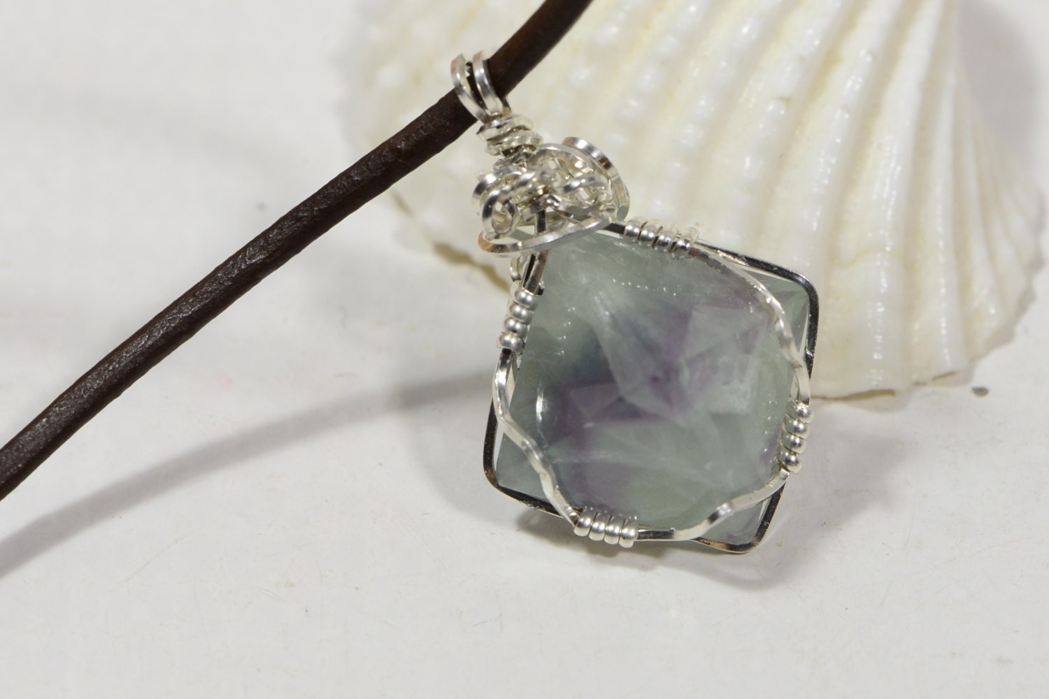 Wire Wrapped Fluorite Pendant: Sterling Silver Geometric Necklace