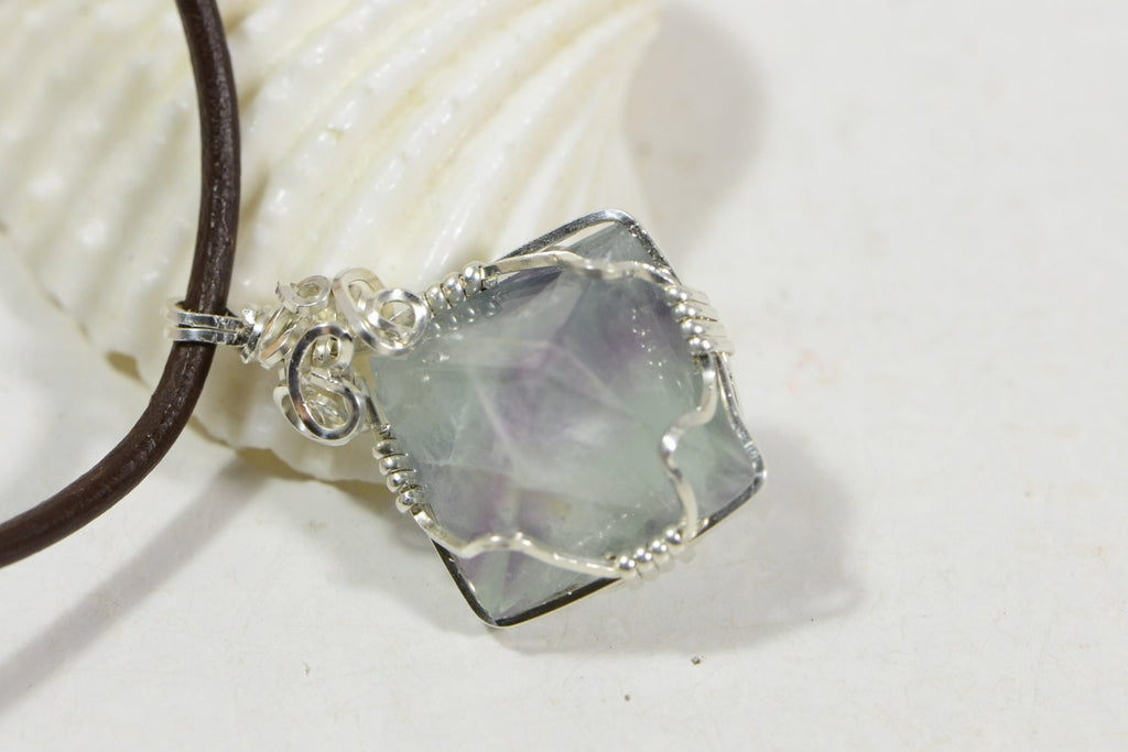 Wire Wrapped Fluorite Pendant: Sterling Silver Geometric Necklace