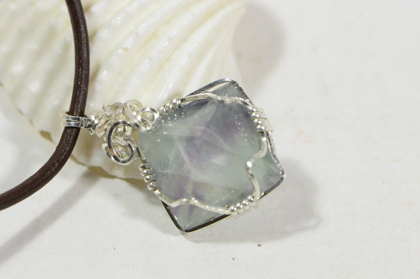Wire Wrapped Fluorite Pendant: Sterling Silver Geometric Necklace