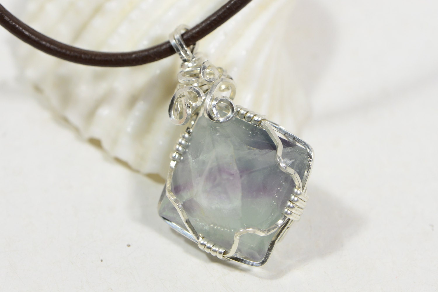 Wire Wrapped Fluorite Pendant: Sterling Silver Geometric Necklace
