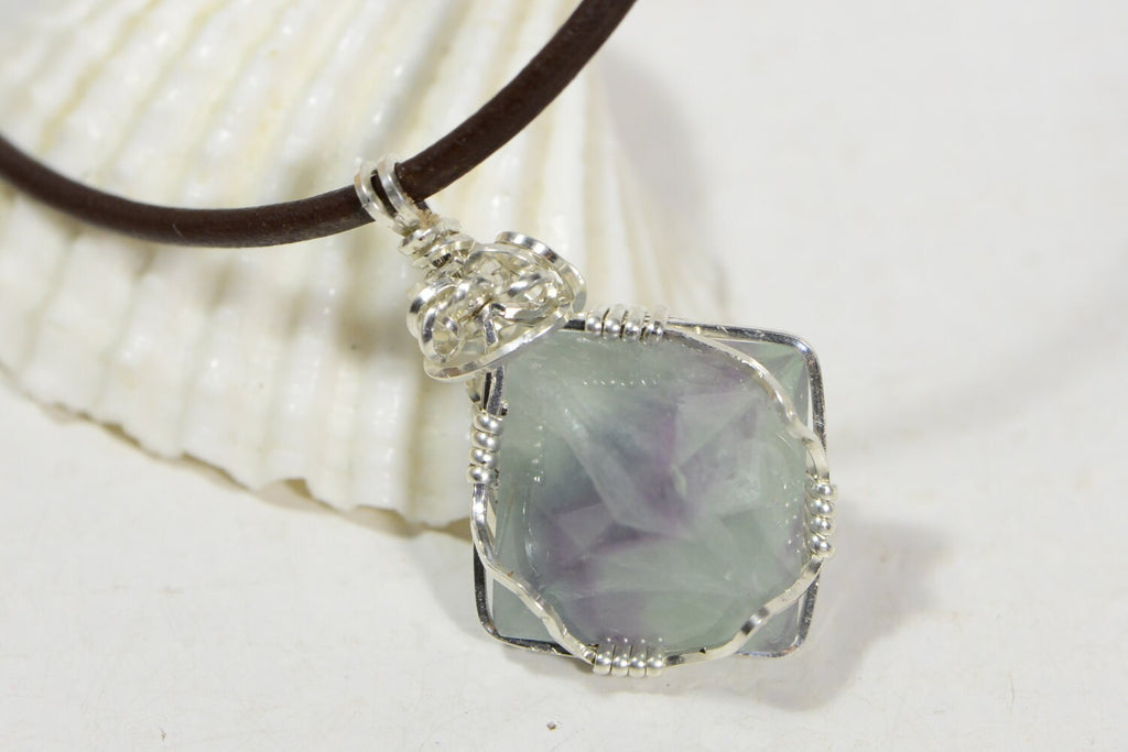 Wire Wrapped Fluorite Pendant: Sterling Silver Geometric Necklace