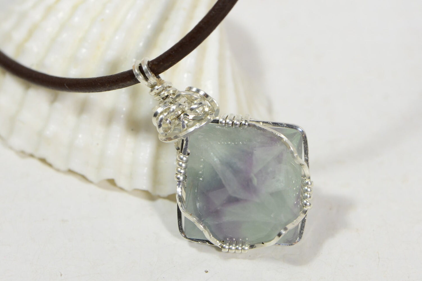 Wire Wrapped Fluorite Pendant: Sterling Silver Geometric Necklace