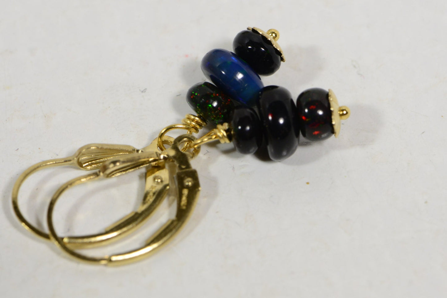Black Opal Dangle Earrings, 14K Gold Filled Wire