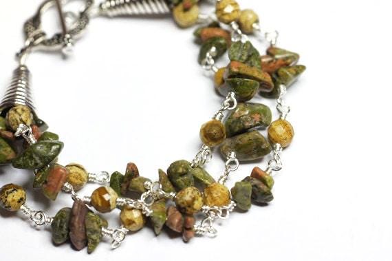 Unakite Gemstone Bracelet, Multi Strand Silver Plated Wire Wrapped Jewelry