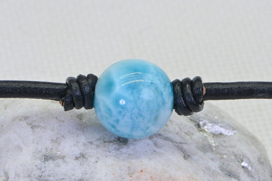 14mm Larimar Bead Bracelet: Single Round Blue Gemstone, Leather Necklace