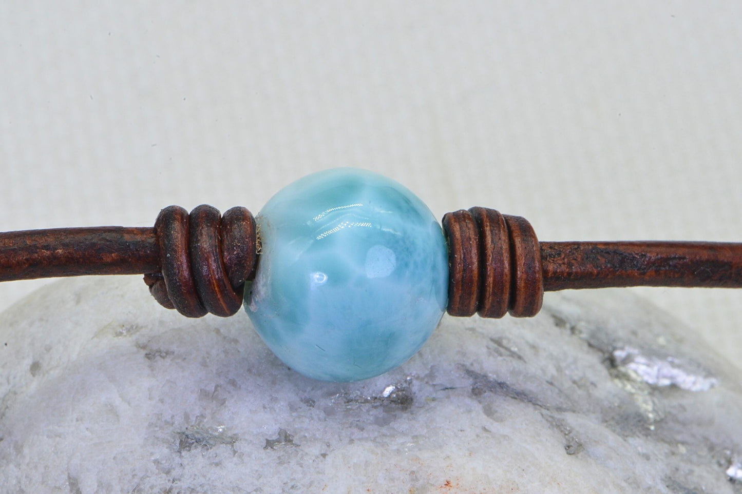 14mm Larimar Bead Bracelet: Single Round Blue Gemstone, Leather Necklace