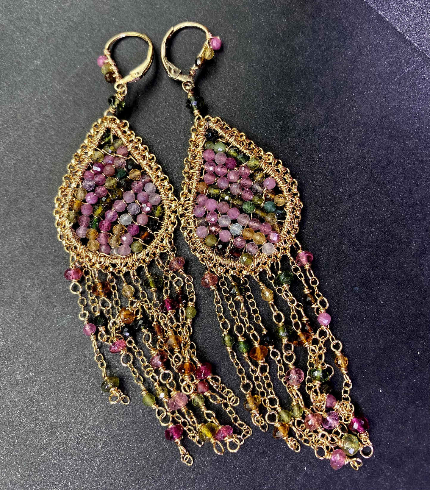 Multicolor Tourmaline Fringe Earrings: 14K Gold Statement Jewelry